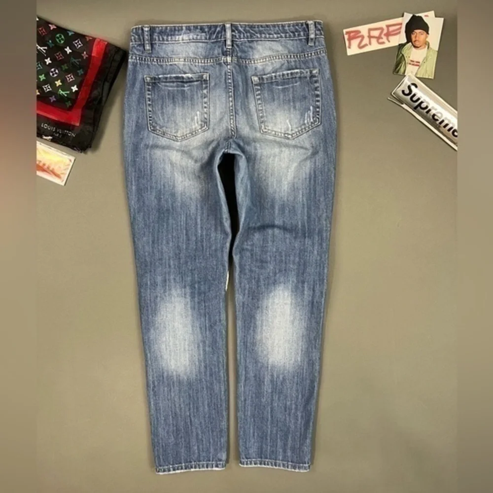 Thrashed Hige Faded Designer Denim Blue Ripped Jeans Stitching and Patchwork 💎 - Picture 2 of 16